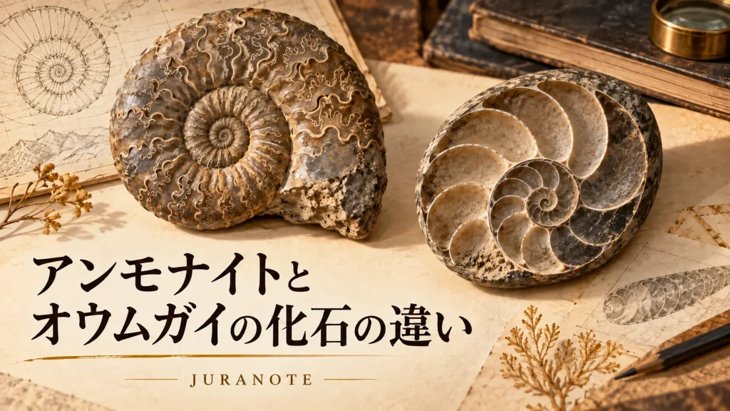 アンモナイトとオウムガイの化石の違いを表現した記事アイキャッチ