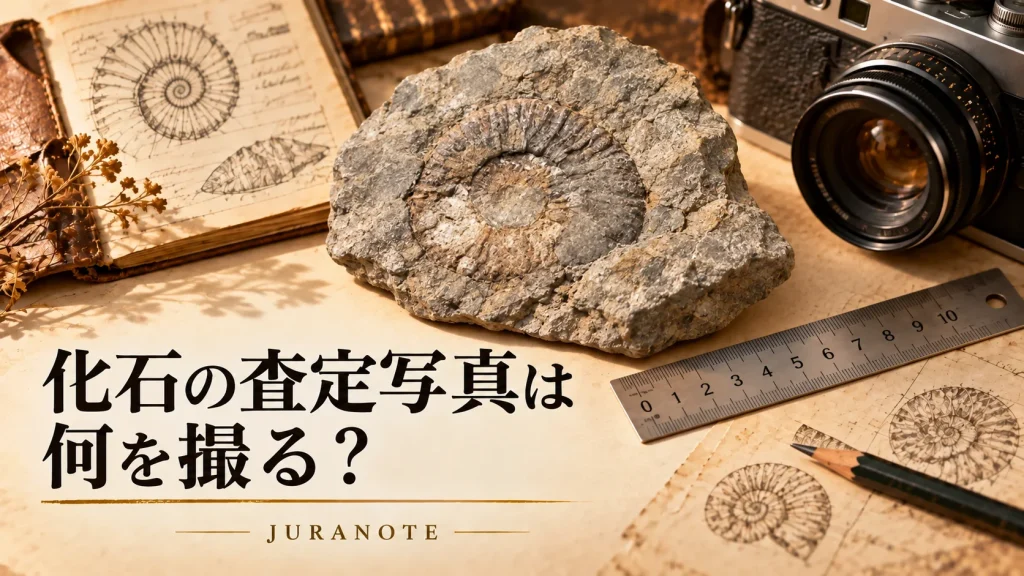 化石の査定写真は何を撮る？ アンモナイト標本とカメラ、定規を配したジュラノートの記事画像