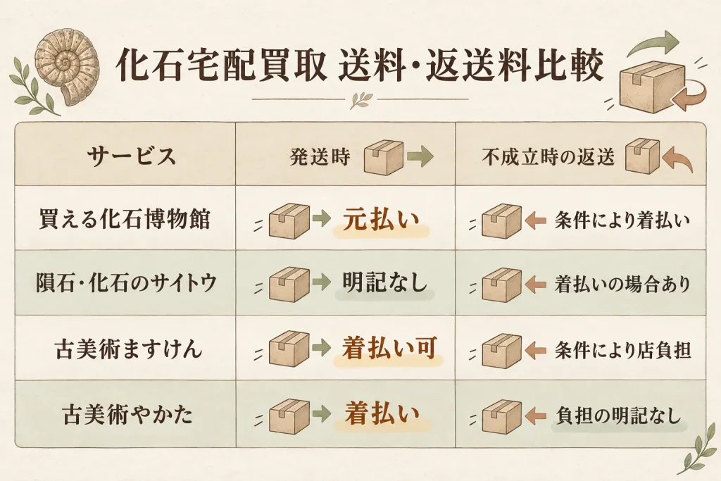 化石買取サービス4社の発送時送料とキャンセル時の返送料比較