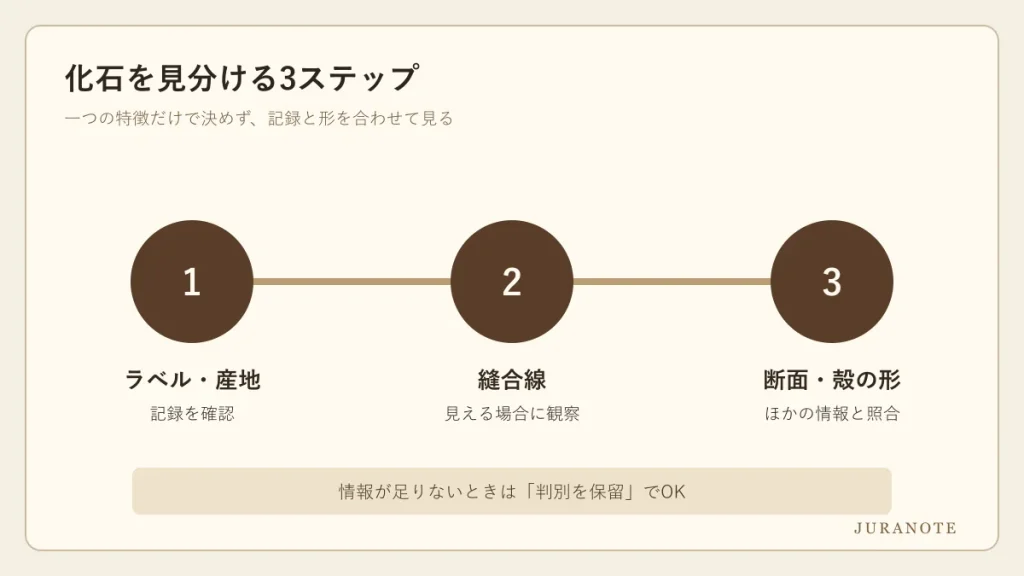 化石を見分ける3ステップ。ラベルと産地、縫合線、断面と殻の形を順に確認する
