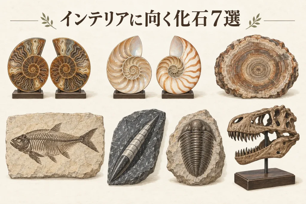 インテリアに向く化石7選｜アンモナイト・珪化木・魚化石・三葉虫・オルソセラス・恐竜頭骨