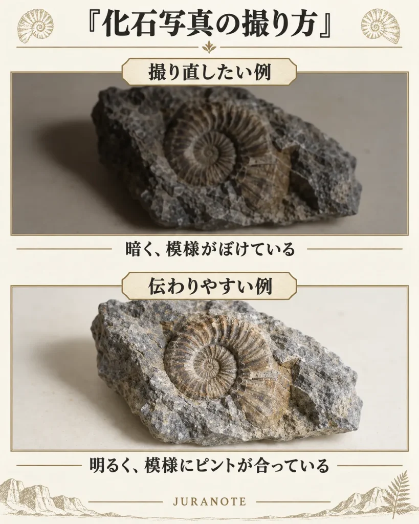 同じ母岩付きアンモナイト化石を、暗くぼけた状態と明るくピントが合った状態で比較したイメージ図