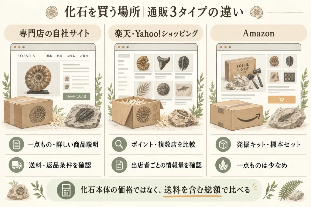 化石を買える専門店の自社サイト・楽天やYahoo・Amazonの違い