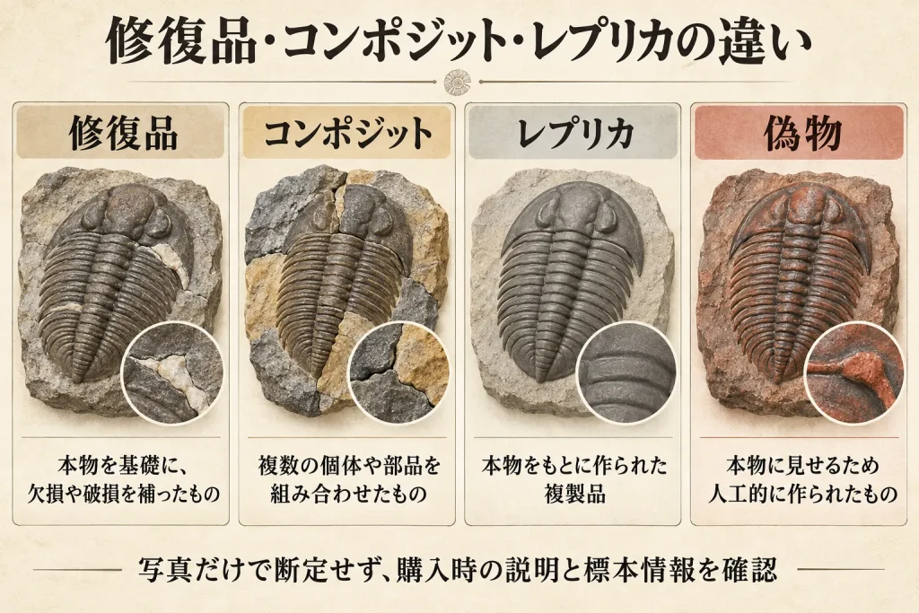 三葉虫の修復品・コンポジット・レプリカ・偽物の違い