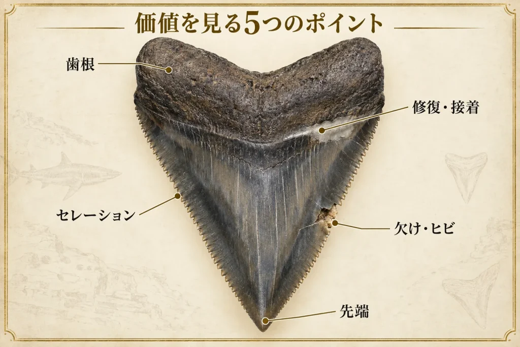 メガロドンの歯の歯根・先端・セレーション・欠け・修復を示した図