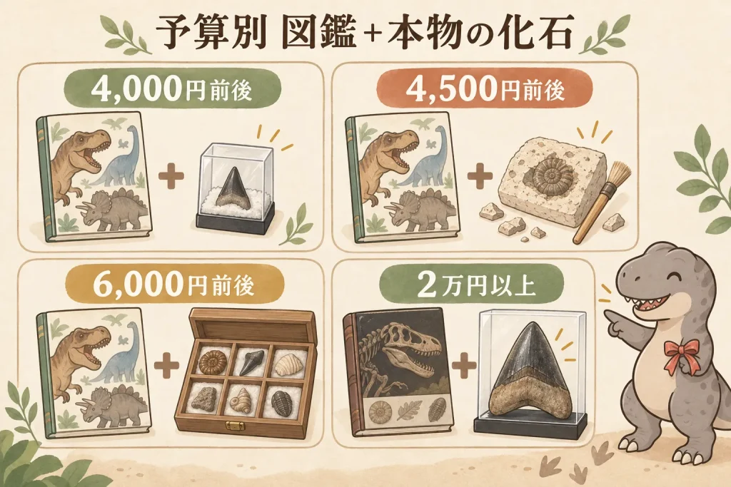 恐竜図鑑と本物の化石を組み合わせた子ども向けプレゼントの予算例