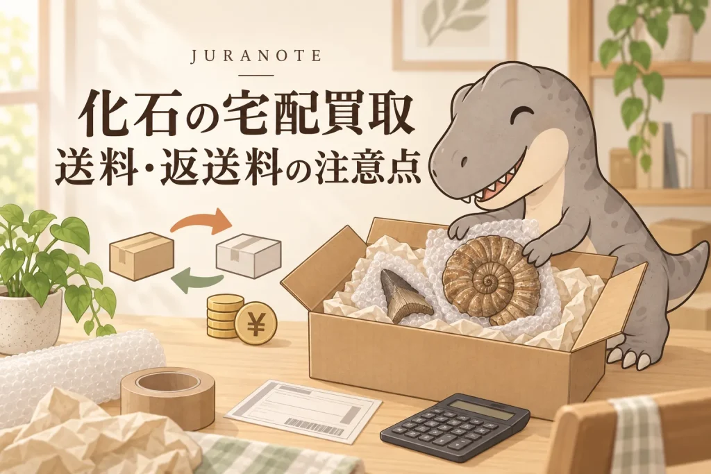 化石の宅配買取で送料・返送料を確認しながら梱包するティラノサウルス