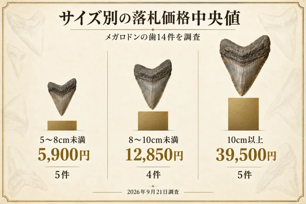 メガロドンの歯14件を調査したサイズ別落札価格中央値