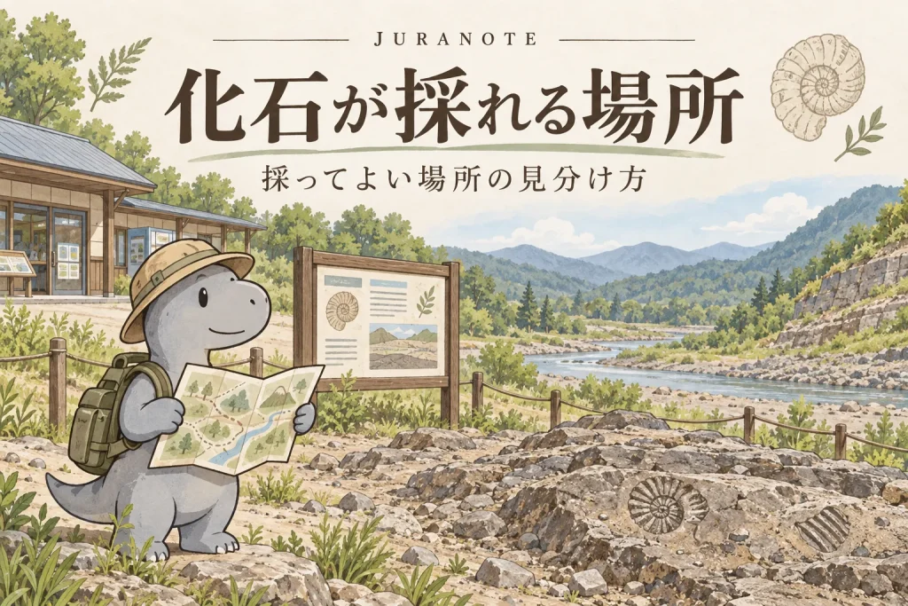 公式の採集地で地図と案内を確認して化石採集へ向かう様子