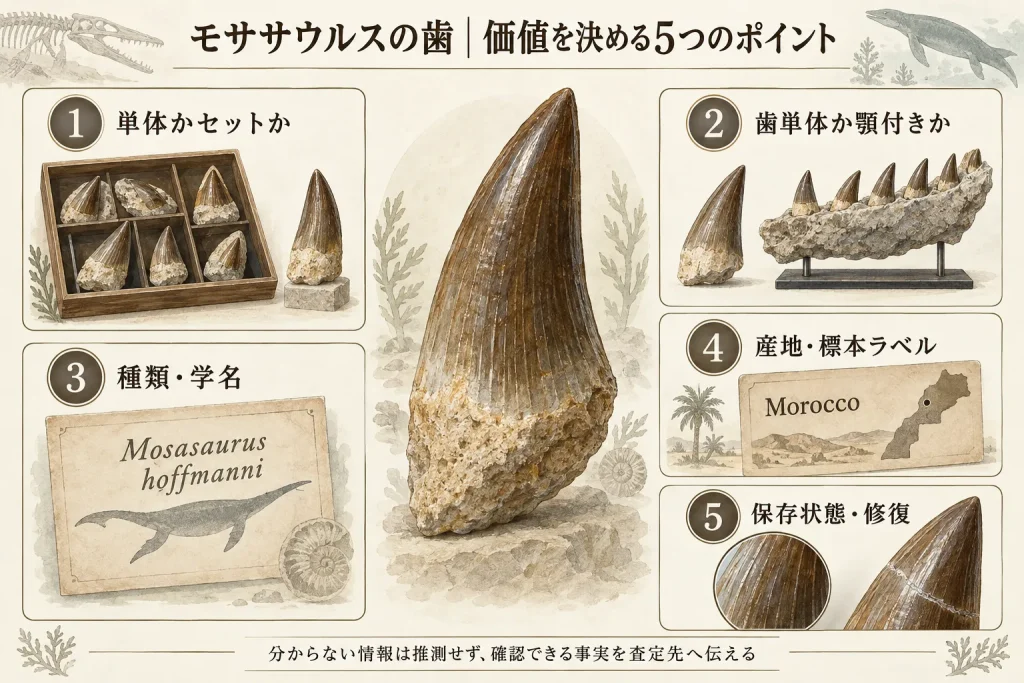 モササウルスの歯の価値を決める種類・産地・標本形態・保存状態・修復