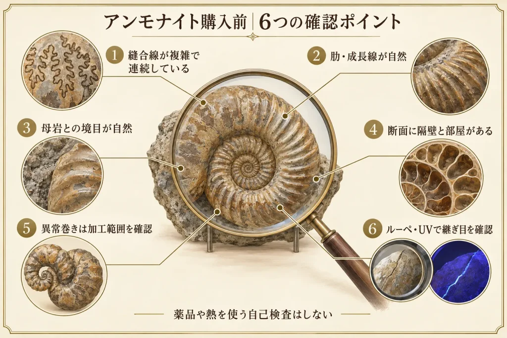 アンモナイトの縫合線・成長線・母岩・断面・継ぎ目を確認する6項目
