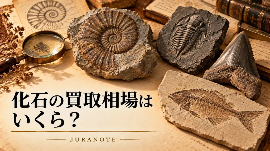 アンモナイト・三葉虫・サメの歯・魚類化石を並べた化石の買取相場記事