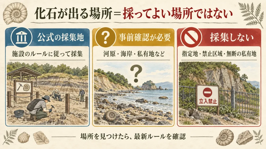 化石が出る場所と採集してよい場所の違いを青・黄・赤で分類した図