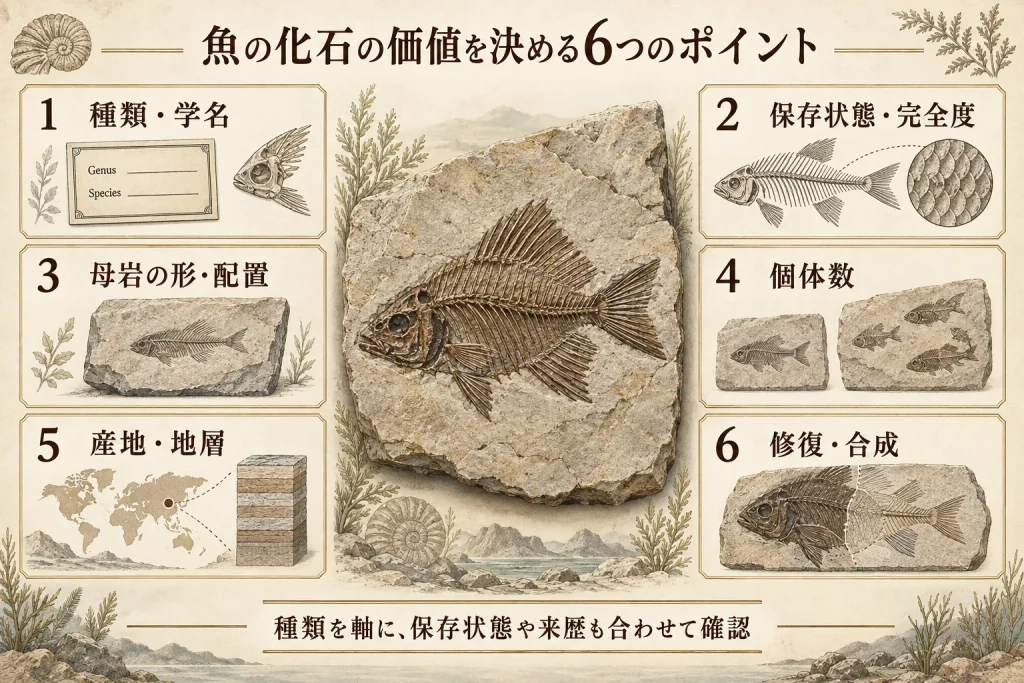 魚の化石の価値を決める種類・保存状態・母岩・個体数・産地・修復の6項目