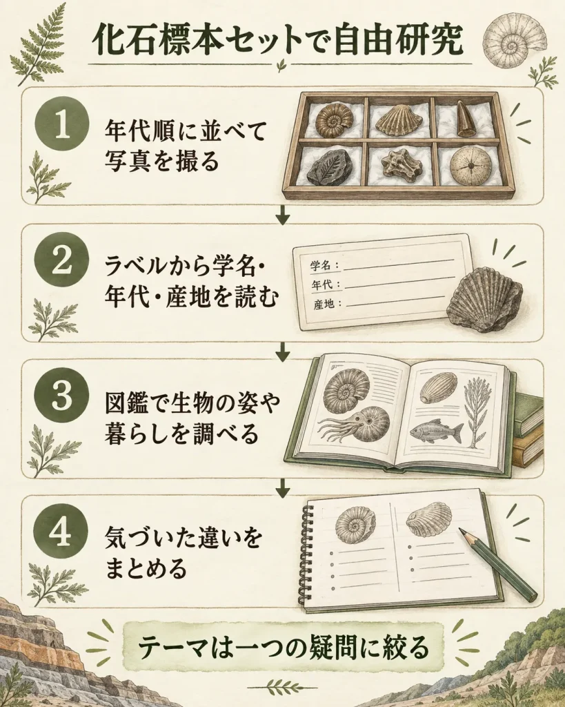 化石標本セットを年代順に並べてラベルや図鑑で調べる自由研究の進め方