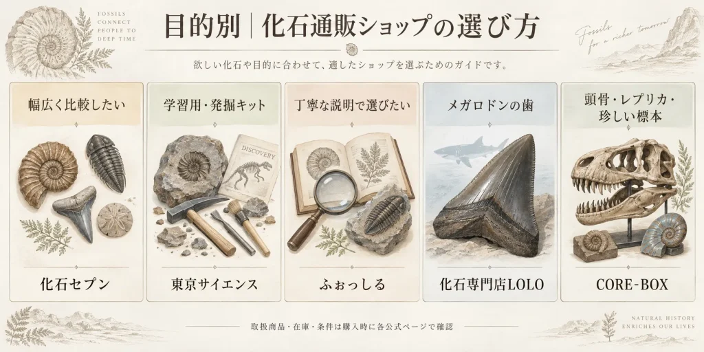 化石通販ショップを品揃え・学習用・商品説明・メガロドンの歯・レプリカで比較