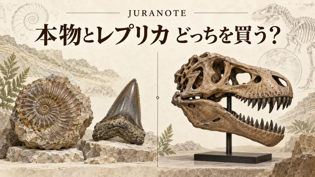 本物の化石と恐竜頭骨のレプリカを比較したジュラノート
