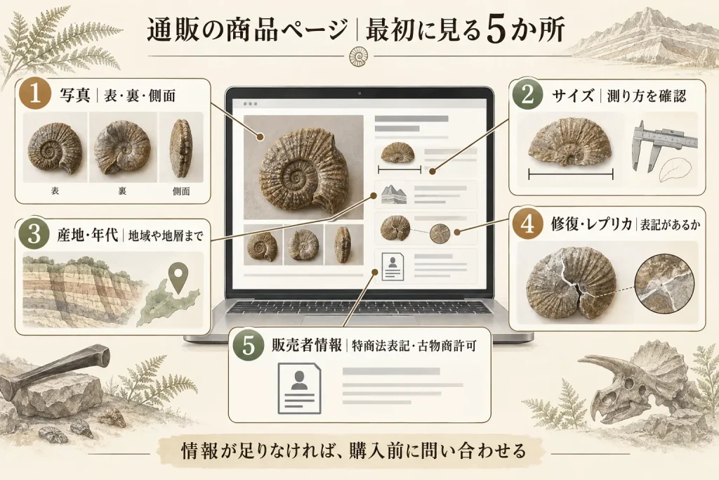 化石通販の商品ページで写真・サイズ・産地・修復・販売者情報を確認する方法