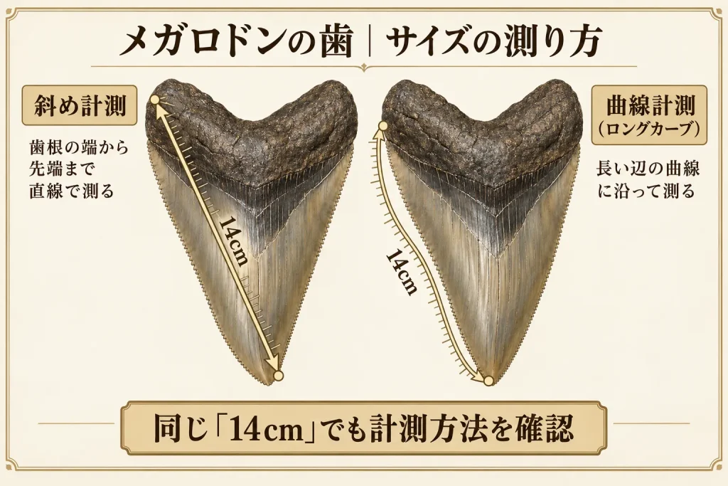 メガロドンの歯の斜め計測と曲線計測（ロングカーブ）の違い