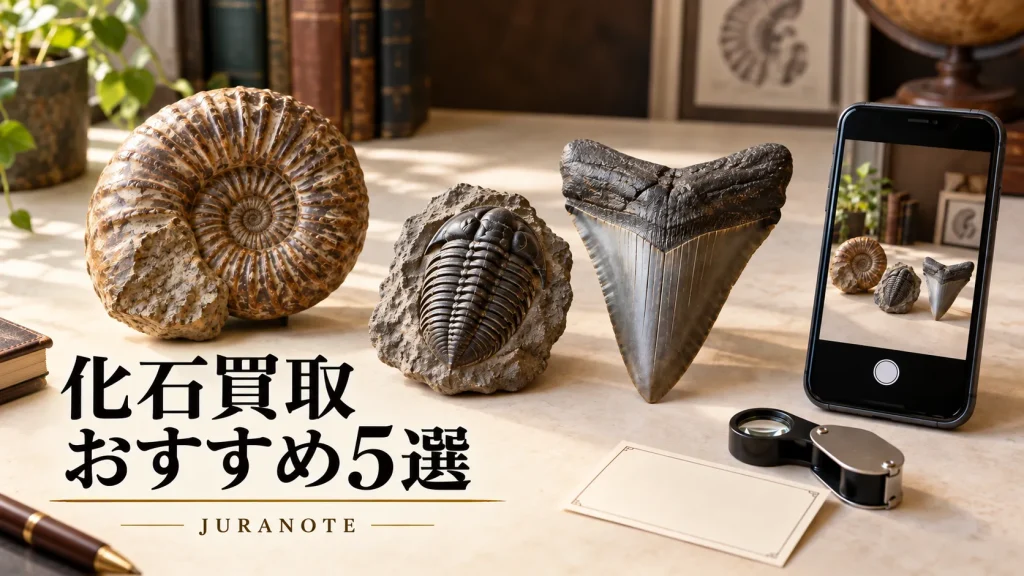 アンモナイト・三葉虫・サメの歯をスマートフォンで撮影して査定を依頼するイメージ