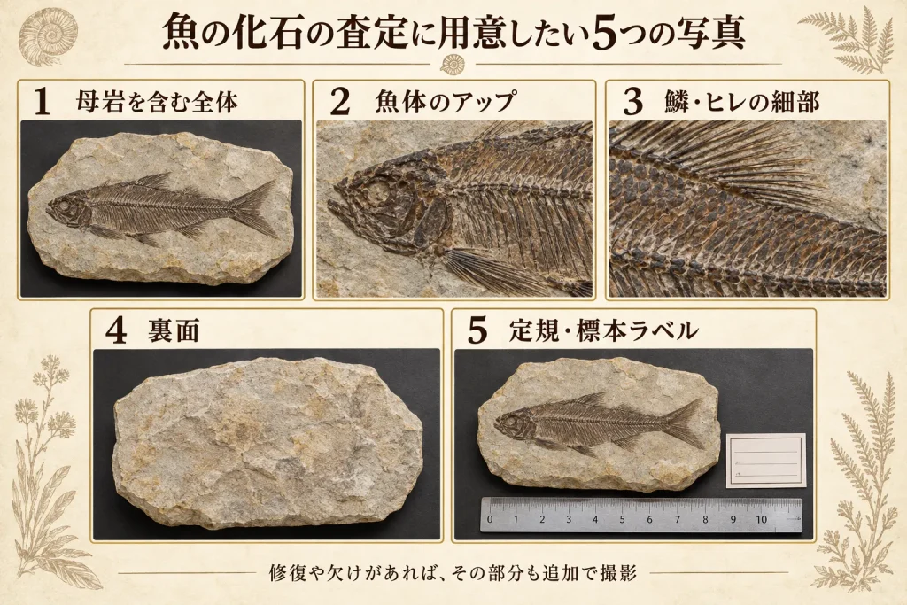 魚の化石の査定で撮影する全体・魚体・鱗とヒレ・裏面・サイズとラベルの5カット