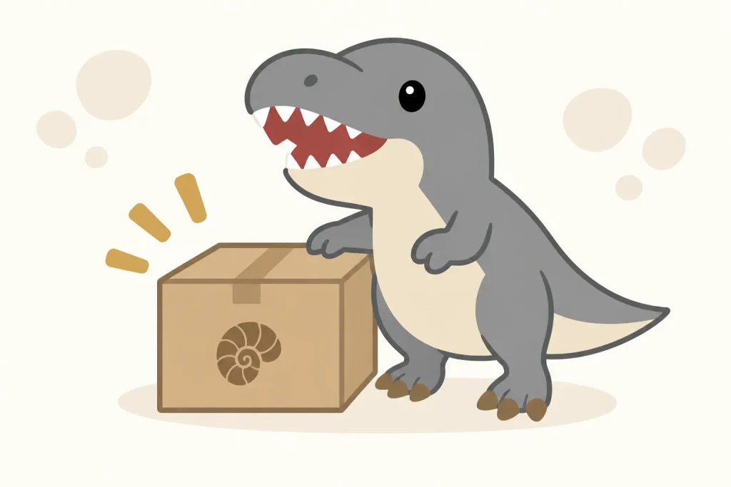 化石標本の入った箱を宅配買取で送るティラノサウルス