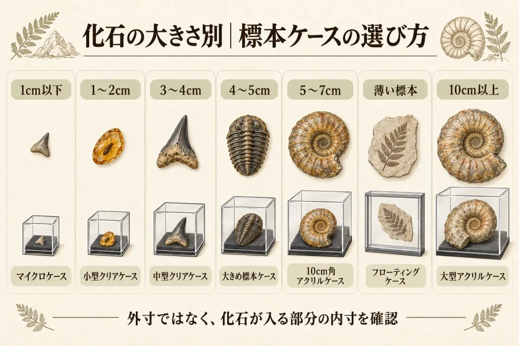 化石の大きさ別にマイクロケース・クリアケース・アクリルケースを選ぶ目安
