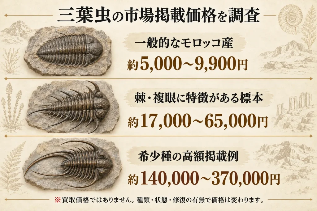 三葉虫の市場掲載価格を一般的な標本・特徴的な標本・希少種で比較した図