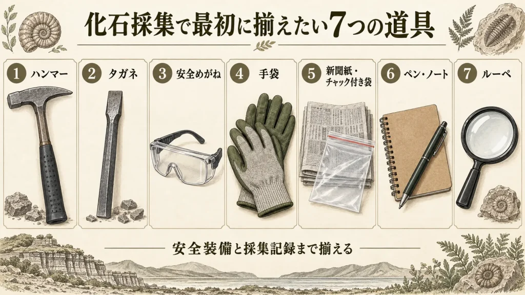 化石採集で初心者が最初に揃えるハンマー・タガネ・安全めがね・手袋・袋・ノート・ルーペ