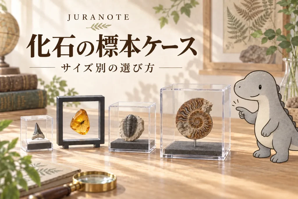 サメの歯・琥珀・三葉虫・アンモナイトをサイズに合う標本ケースへ入れた様子