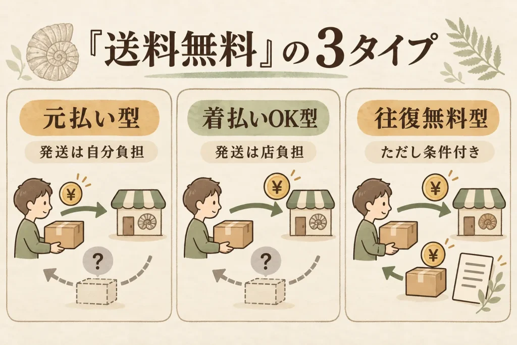 化石の宅配買取における元払い・着払い・往復無料の違い