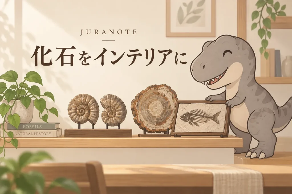 化石をインテリアとして飾るティラノサウルスとアンモナイト・珪化木・魚の化石