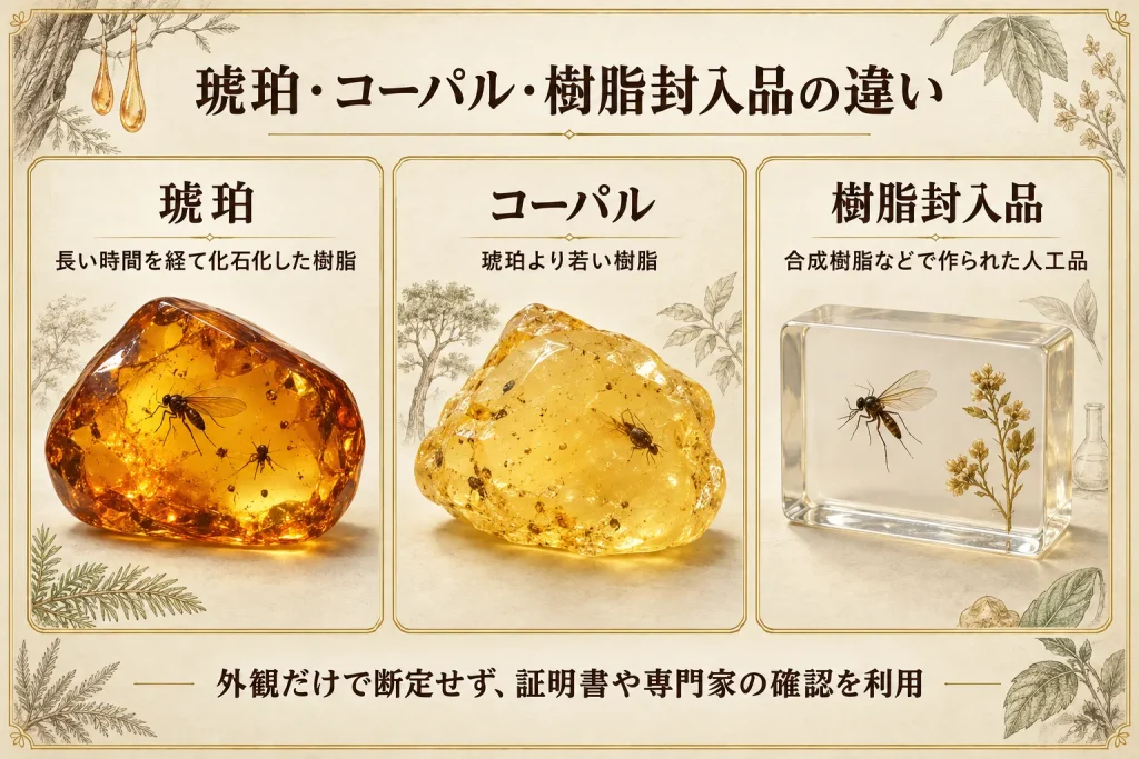 琥珀・コーパル・合成樹脂の虫入り標本の違いを整理した図