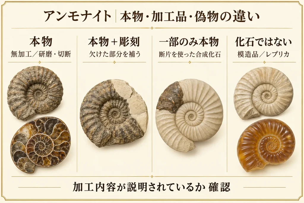 アンモナイトの本物・彫刻品・合成化石・模造品の違い