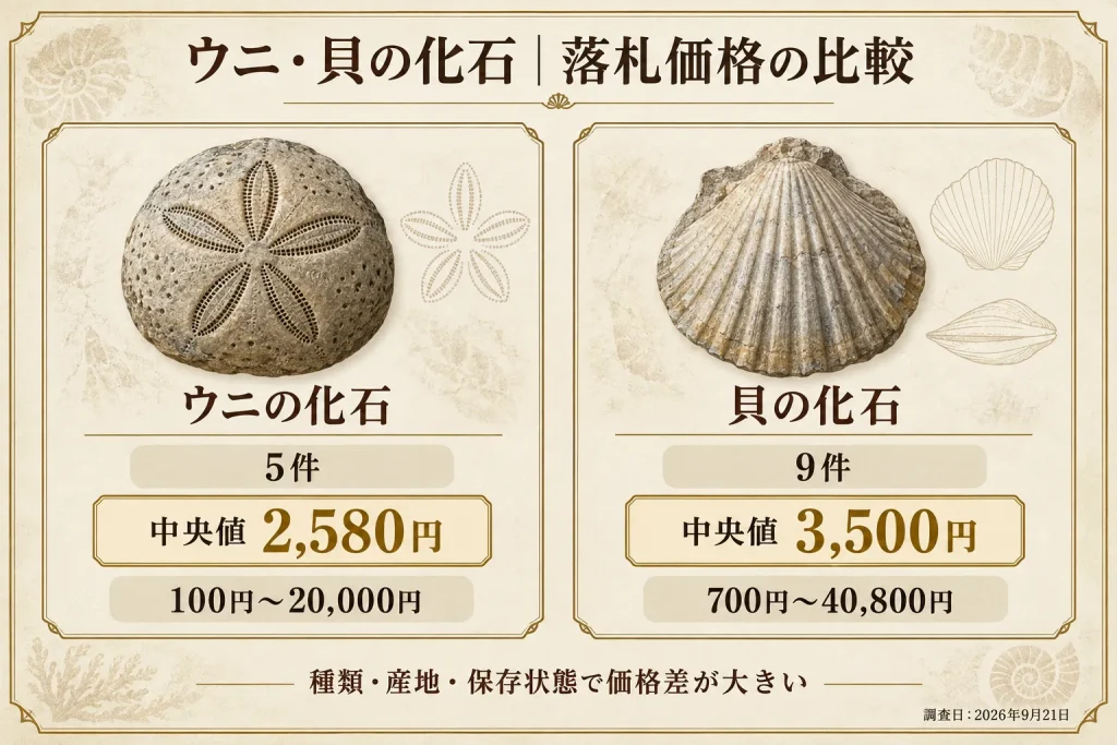 ウニと貝の化石の落札価格を件数・中央値・価格帯で比較した図