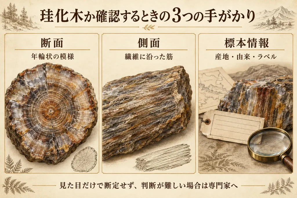 珪化木を確認するときの断面の年輪・側面の繊維・標本ラベルの見方
