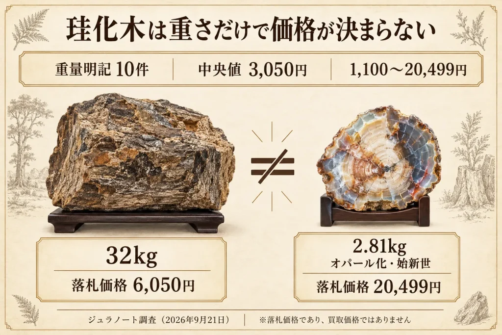 珪化木10件の落札価格と32kg・2.81kgの標本を比較した調査結果