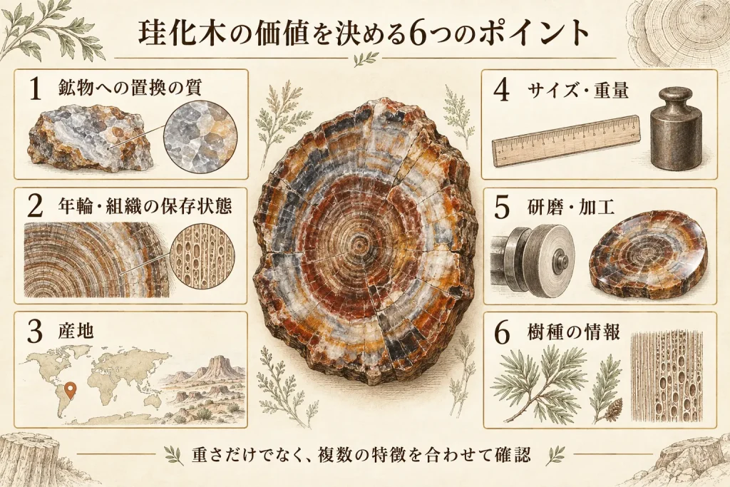 珪化木の価値を決める鉱物の質・年輪・産地・重量・研磨・樹種の6項目