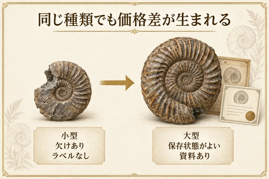 小型で欠けがありラベルのないアンモナイトと大型で保存状態がよく資料付きの標本の比較