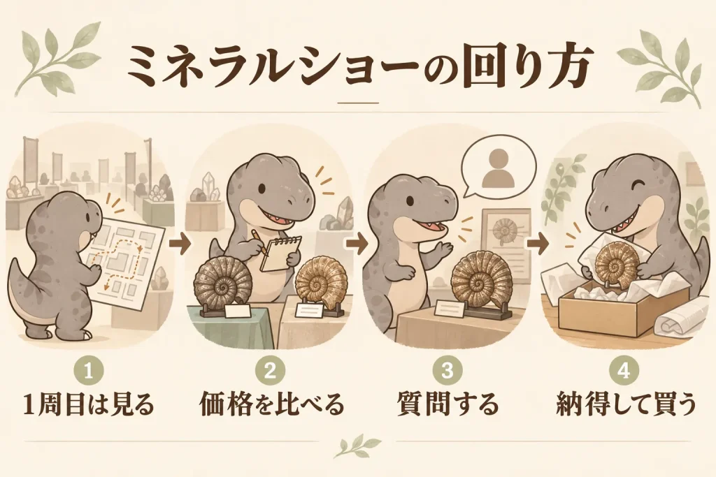 ミネラルショーを一周して価格を比較し、質問してから化石を買う流れ