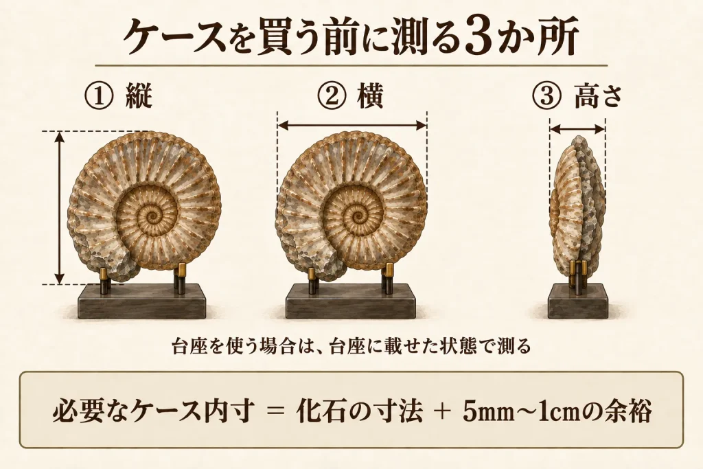 アンモナイトの縦・横・高さを測り必要な標本ケースの内寸を求める方法