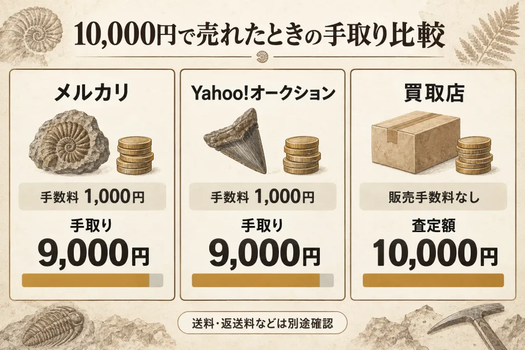 化石を1万円で売った場合のメルカリ・Yahoo!オークション・買取店の手取り比較