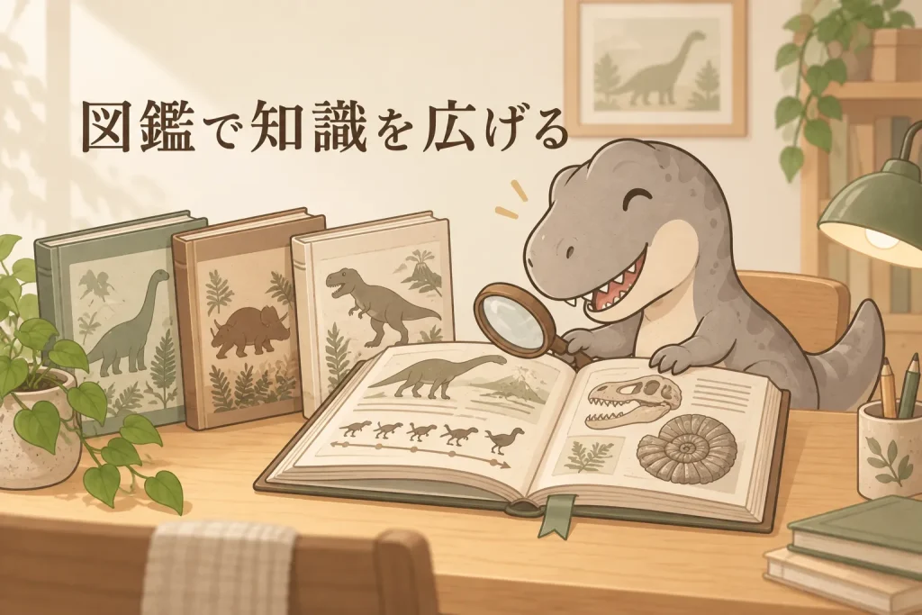 恐竜図鑑を読みながら恐竜の種類や化石について調べるティラノサウルス