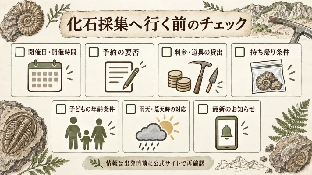 化石採集施設へ行く前に確認する開催日・予約・料金・持ち帰り条件のチェックリスト