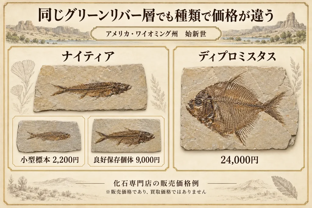 グリーンリバー層産のナイティアとディプロミスタスの販売価格例を比較した図