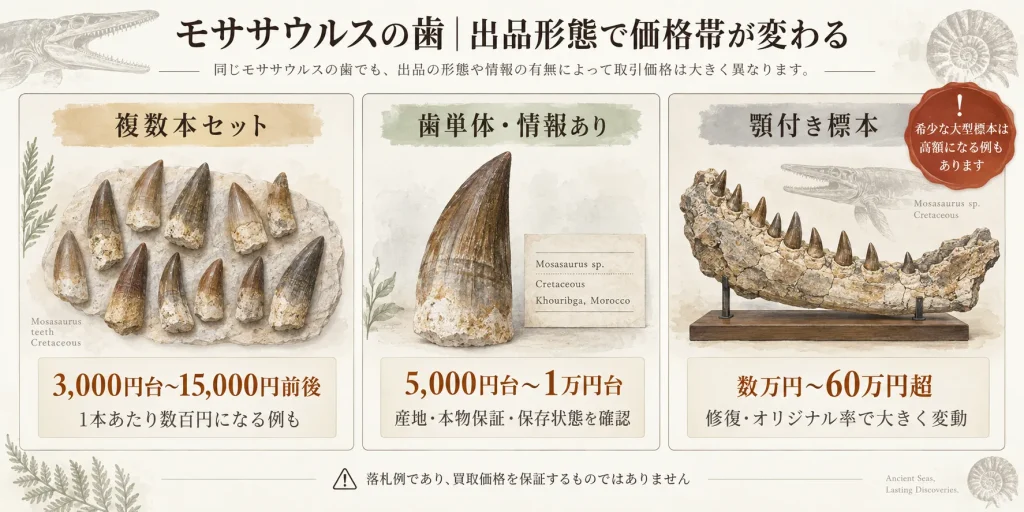 モササウルスの歯の落札価格を複数本セット・歯単体・顎付き標本で比較