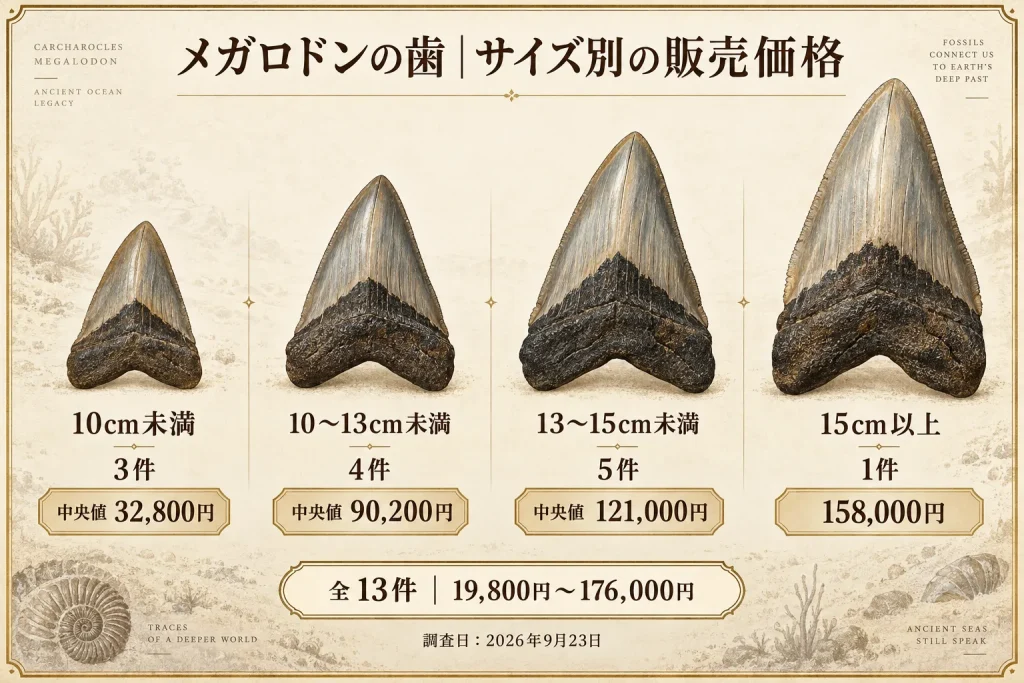 メガロドンの歯13件をサイズ別に分けた販売価格と中央値の比較