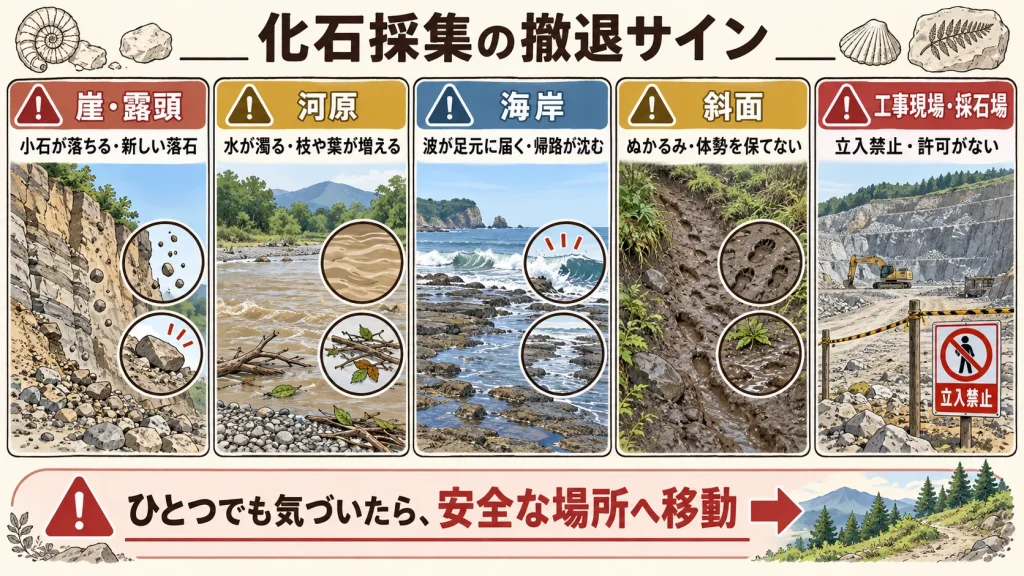 崖・河原・海岸・斜面・採石場における化石採集の撤退サイン