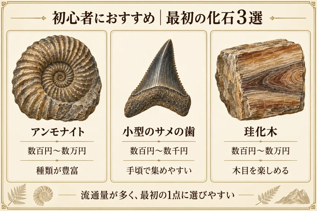 初心者におすすめのアンモナイト・小型のサメの歯・珪化木と価格帯
