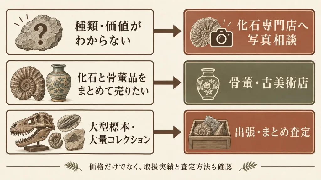 化石の種類や売却状況に応じて化石専門店・骨董店・出張査定を選ぶ目安